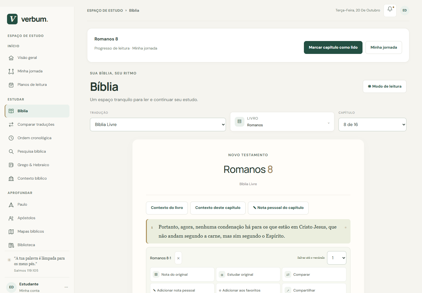 Captura real do Verbum: Romanos 8 aberto na Bíblia, com navegação, contexto, notas e estudo do original